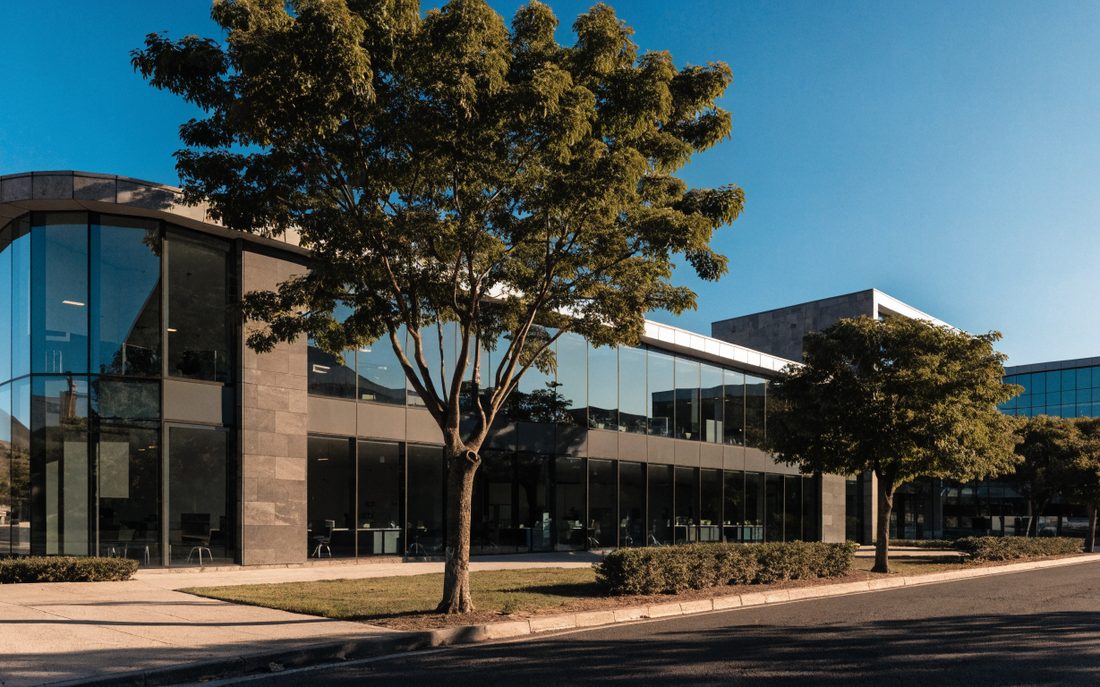 Edificio corporativo de baja altura en Tijuana, con cristal, piedra y árboles maduros al frente
