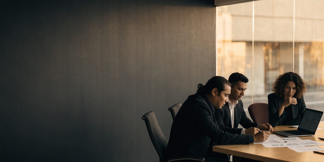 Sala de juntas de un despacho contable: tres profesionistas revisan estados financieros impresos junto a un ventanal